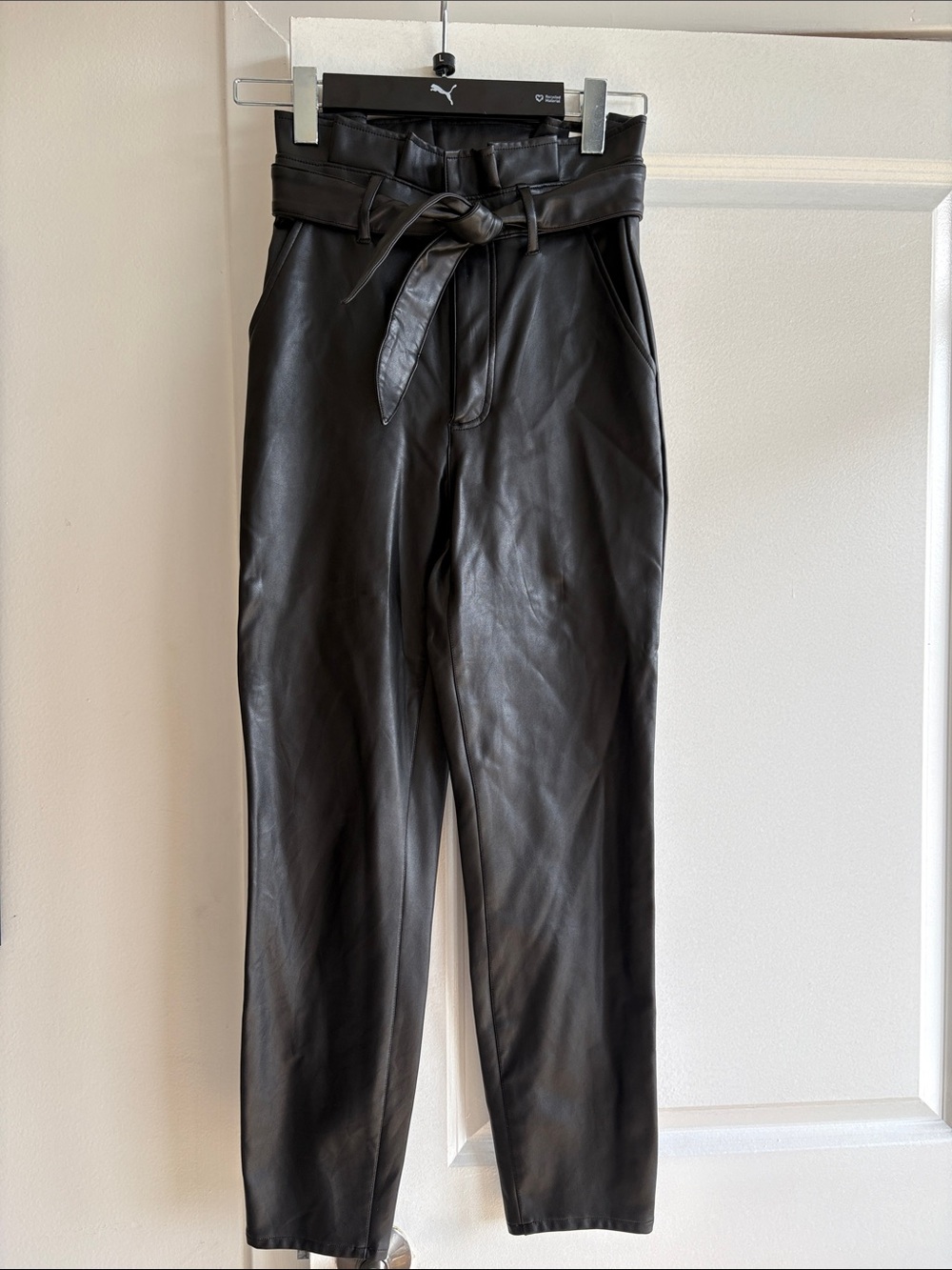Abercrombie & Fitch High-Rise Black Faux Leather Paperbag Pants with Tie Belt